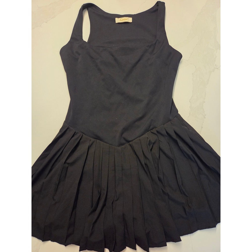 Qinsen Black Pleated Tennis Dress Activewear Mini Skort Dress Square Neck Medium